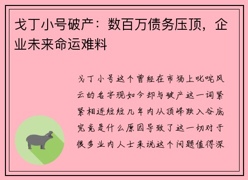 戈丁小号破产：数百万债务压顶，企业未来命运难料