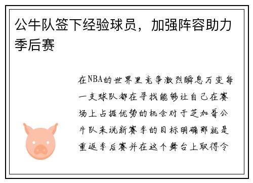 公牛队签下经验球员，加强阵容助力季后赛